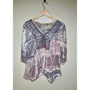 Apt 9 Knit Top Womens 1X Rhinestones Embroidered Marble Swirls Asymmetrical Hem